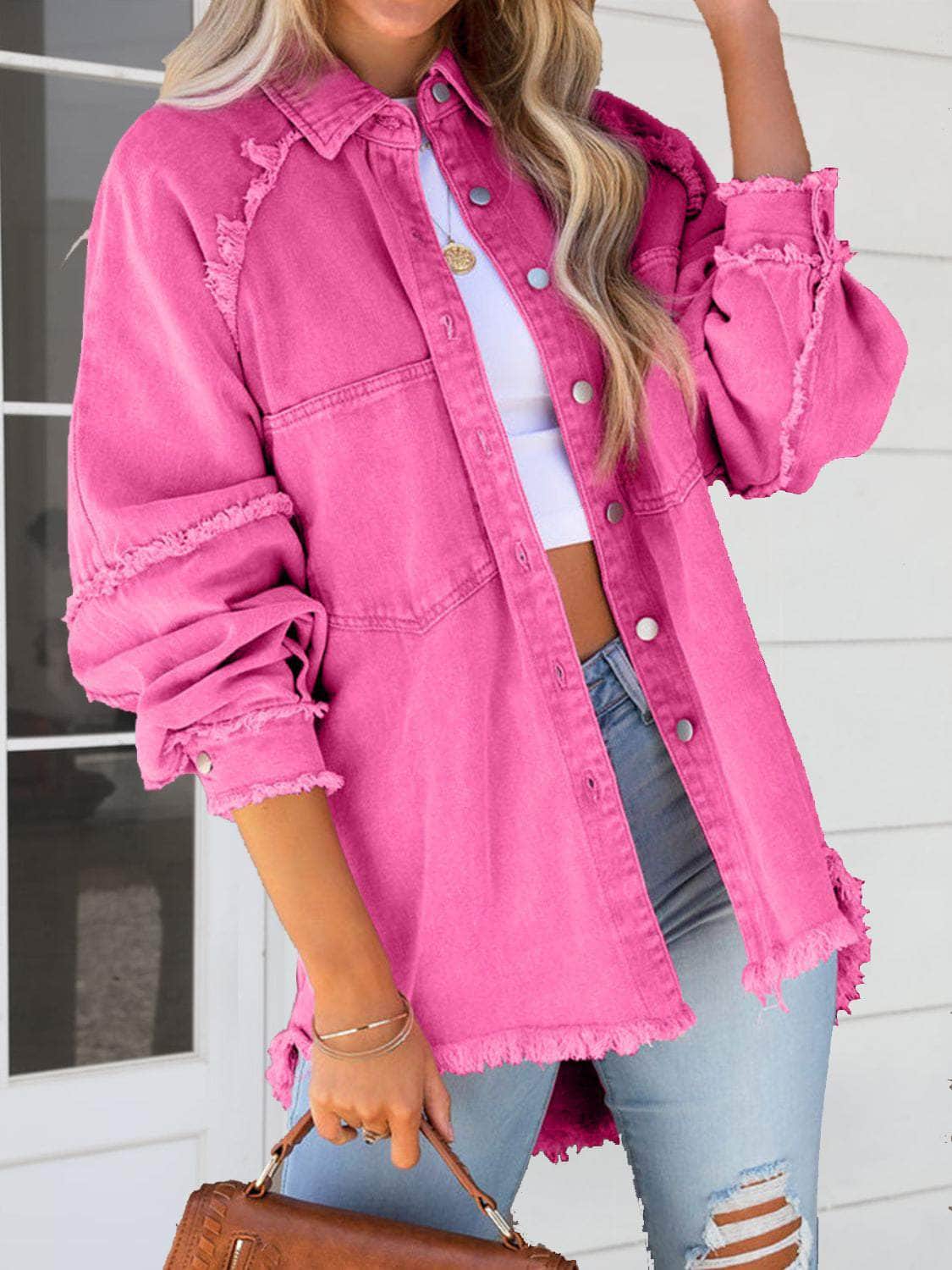 Button Down Raw Hem Denim Jacket Pink / S