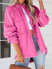 Button Down Raw Hem Denim Jacket Pink / S