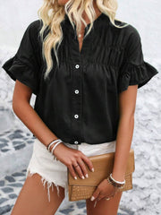 Button Down Ruffled Short Sleeve Shirt Black / S