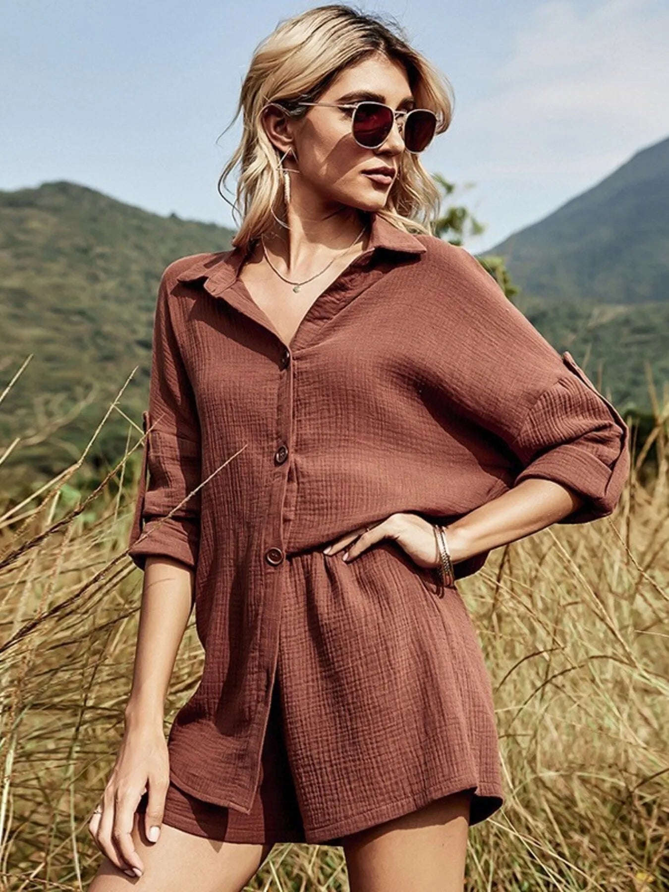 Button Down Shirt and Shorts Set Brick Red / S