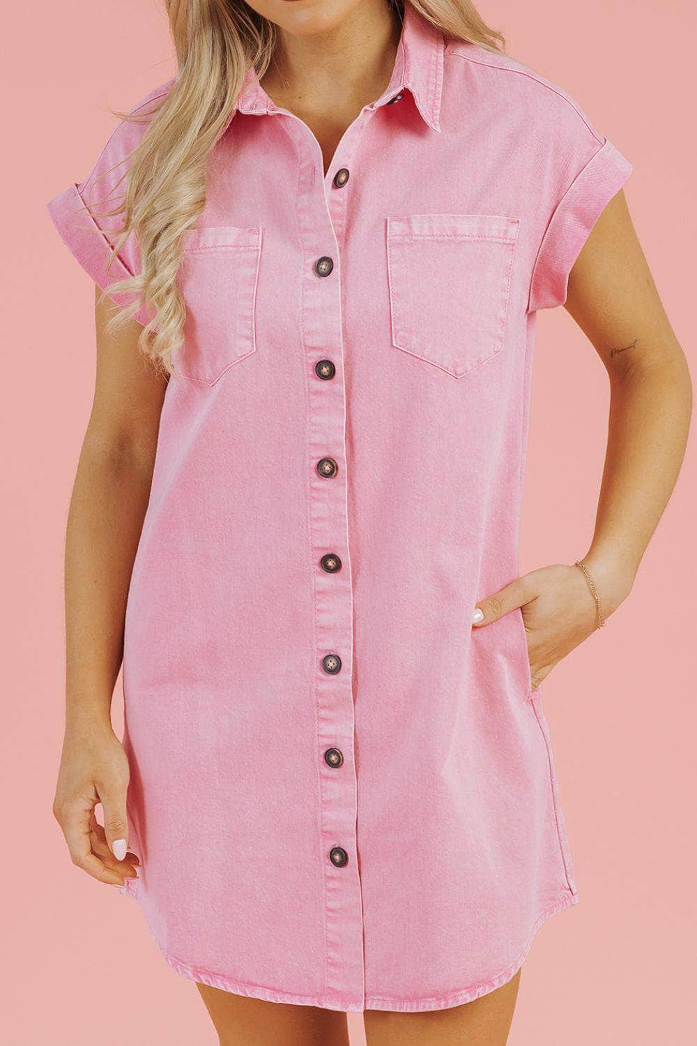 Button Down Short Sleeve Denim Dress