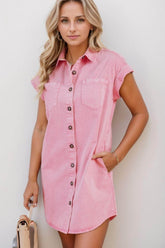 Button Down Short Sleeve Denim Dress Blush Pink / S
