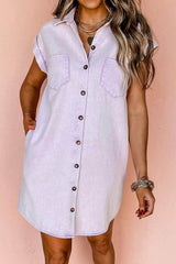 Button Down Short Sleeve Denim Dress Pink Purple / S