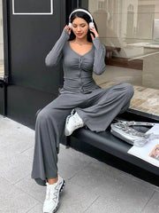 Button-Down Top & Wide Leg Pants Set