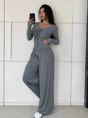 Button-Down Top & Wide Leg Pants Set