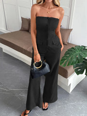 Button Down Tube Top and Pants Set Black / S