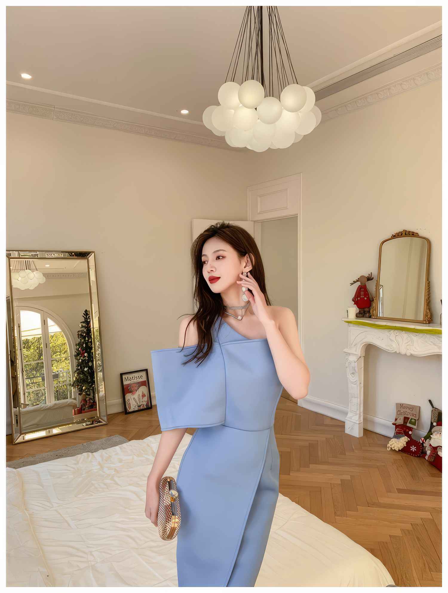 Button-Embellished One-Shoulder Slit Dress