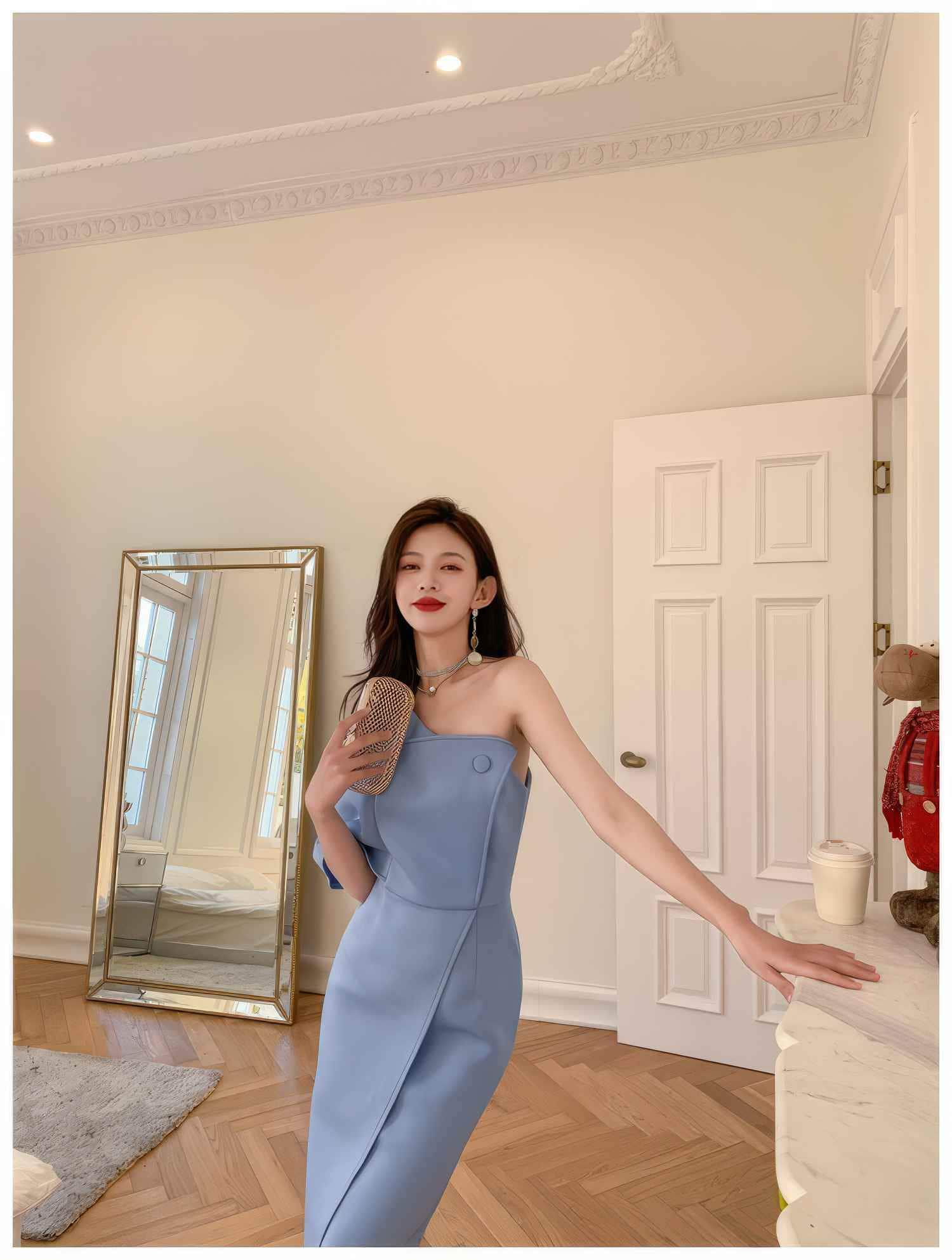 Button-Embellished One-Shoulder Slit Dress
