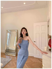 Button-Embellished One-Shoulder Slit Dress