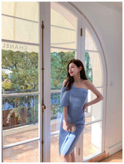 Button-Embellished One-Shoulder Slit Dress