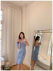 Button-Embellished One-Shoulder Slit Dress