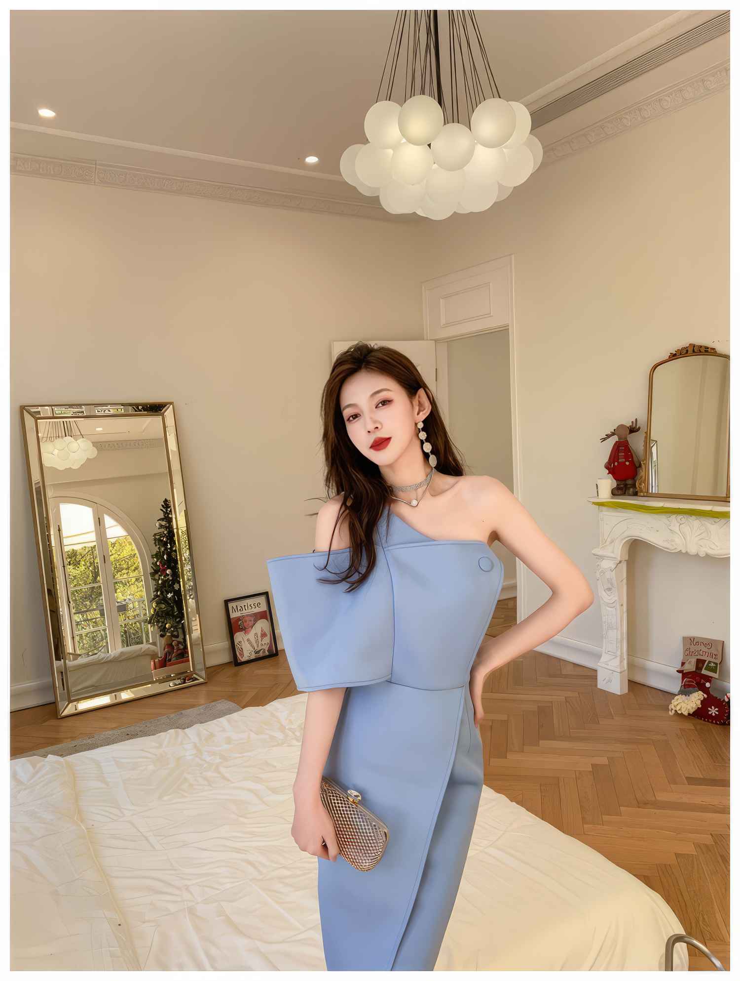 Button-Embellished One-Shoulder Slit Dress