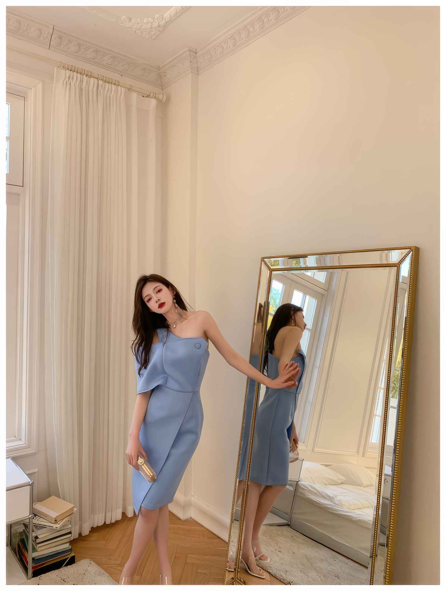 Button-Embellished One-Shoulder Slit Dress