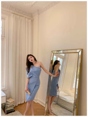 Button-Embellished One-Shoulder Slit Dress