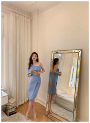 Button-Embellished One-Shoulder Slit Dress