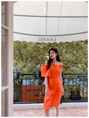Button-Embellished One-Shoulder Slit Dress