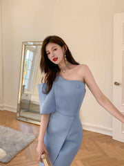 Button-Embellished One-Shoulder Slit Dress