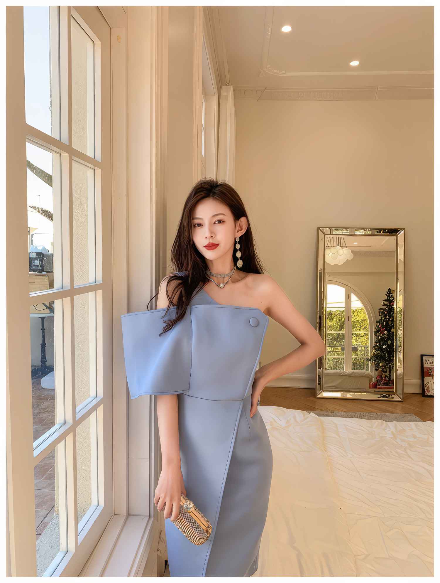 Button-Embellished One-Shoulder Slit Dress