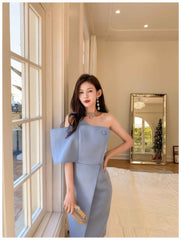 Button-Embellished One-Shoulder Slit Dress