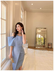 Button-Embellished One-Shoulder Slit Dress