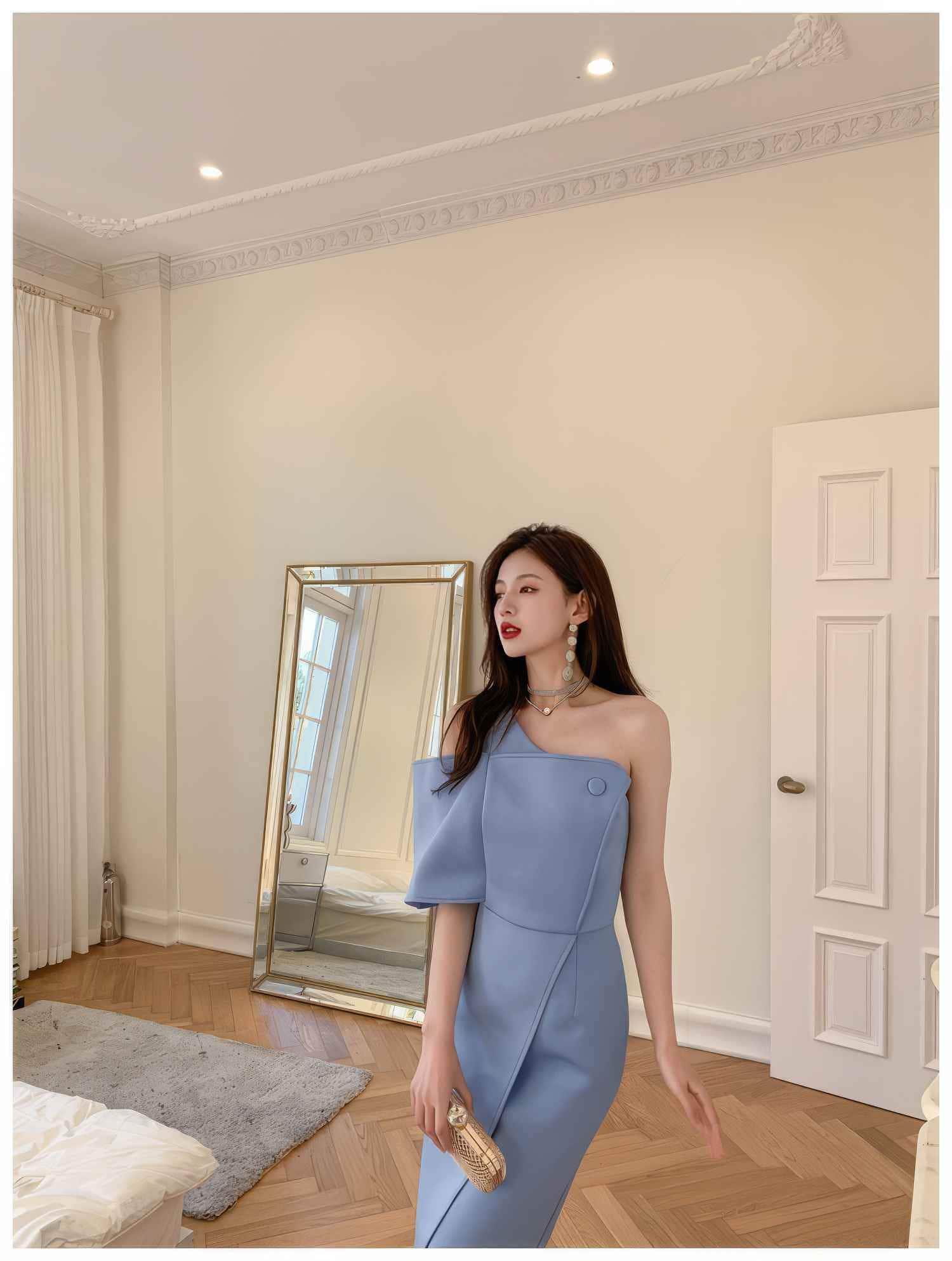 Button-Embellished One-Shoulder Slit Dress