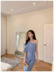 Button-Embellished One-Shoulder Slit Dress