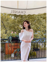 Button-Embellished One-Shoulder Slit Dress M / White