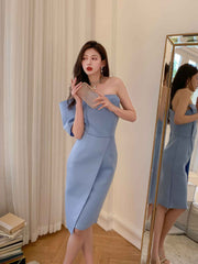 Button-Embellished One-Shoulder Slit Dress S / Blue
