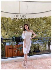Button-Embellished One-Shoulder Slit Dress S / White
