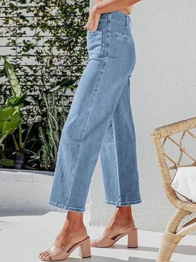 Button Fly Cropped Jeans with Pockets