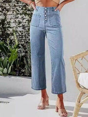 Button Fly Cropped Jeans with Pockets Light Blue / XXL