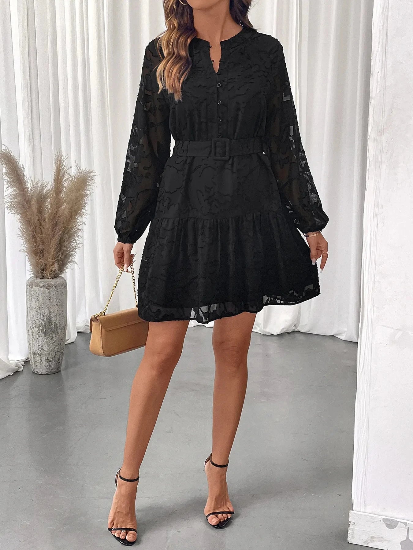 Button-Front Balloon Sleeve Mini Dress