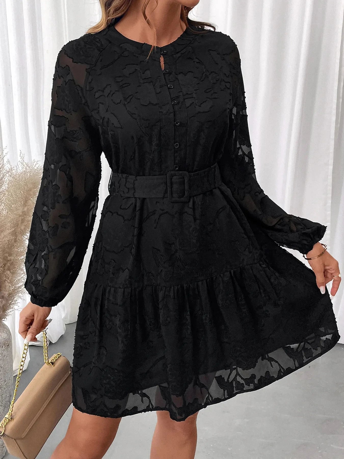 Button-Front Balloon Sleeve Mini Dress