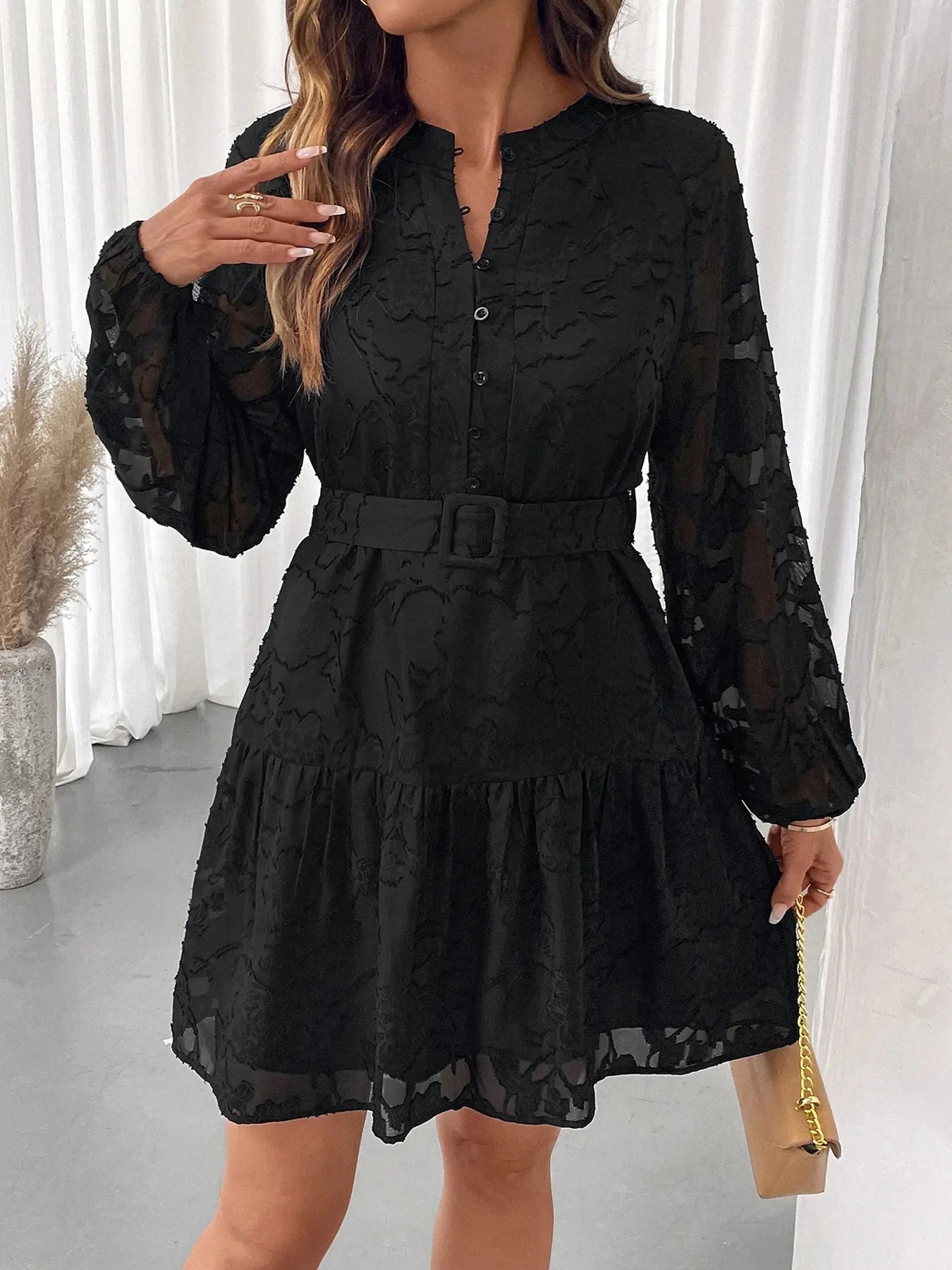Button-Front Balloon Sleeve Mini Dress Black / S