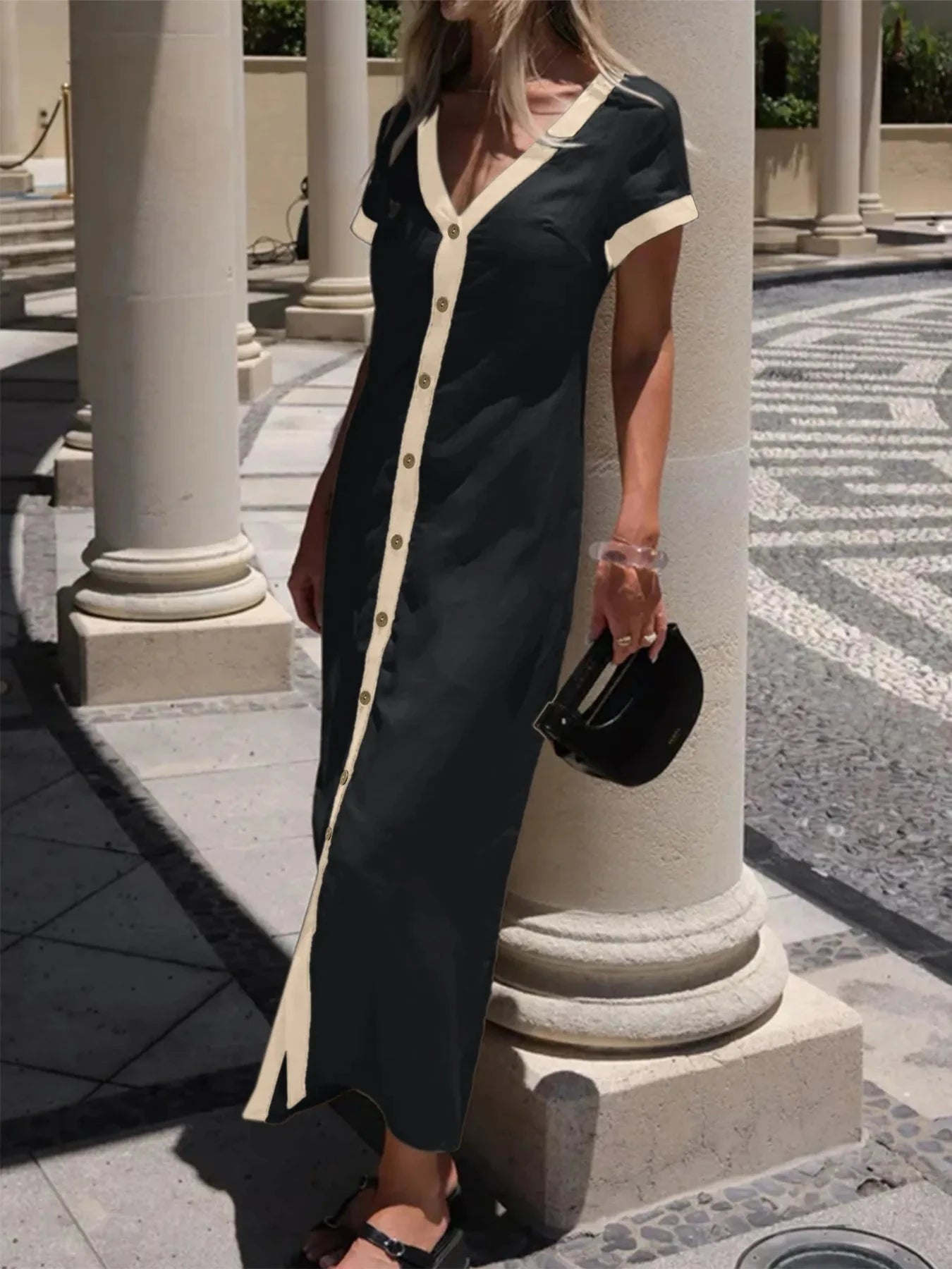 Button-Front Contrast Trim Midi Dress