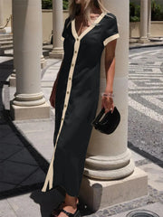 Button-Front Contrast Trim Midi Dress