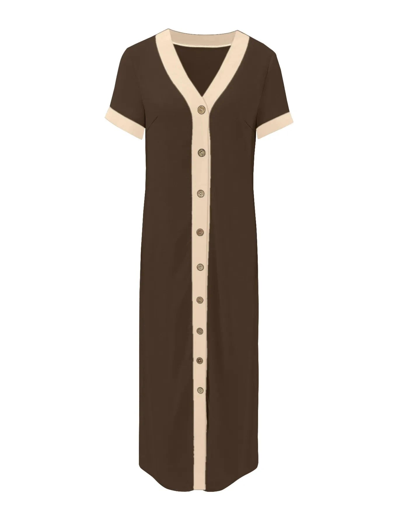 Button-Front Contrast Trim Midi Dress