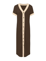 Button-Front Contrast Trim Midi Dress