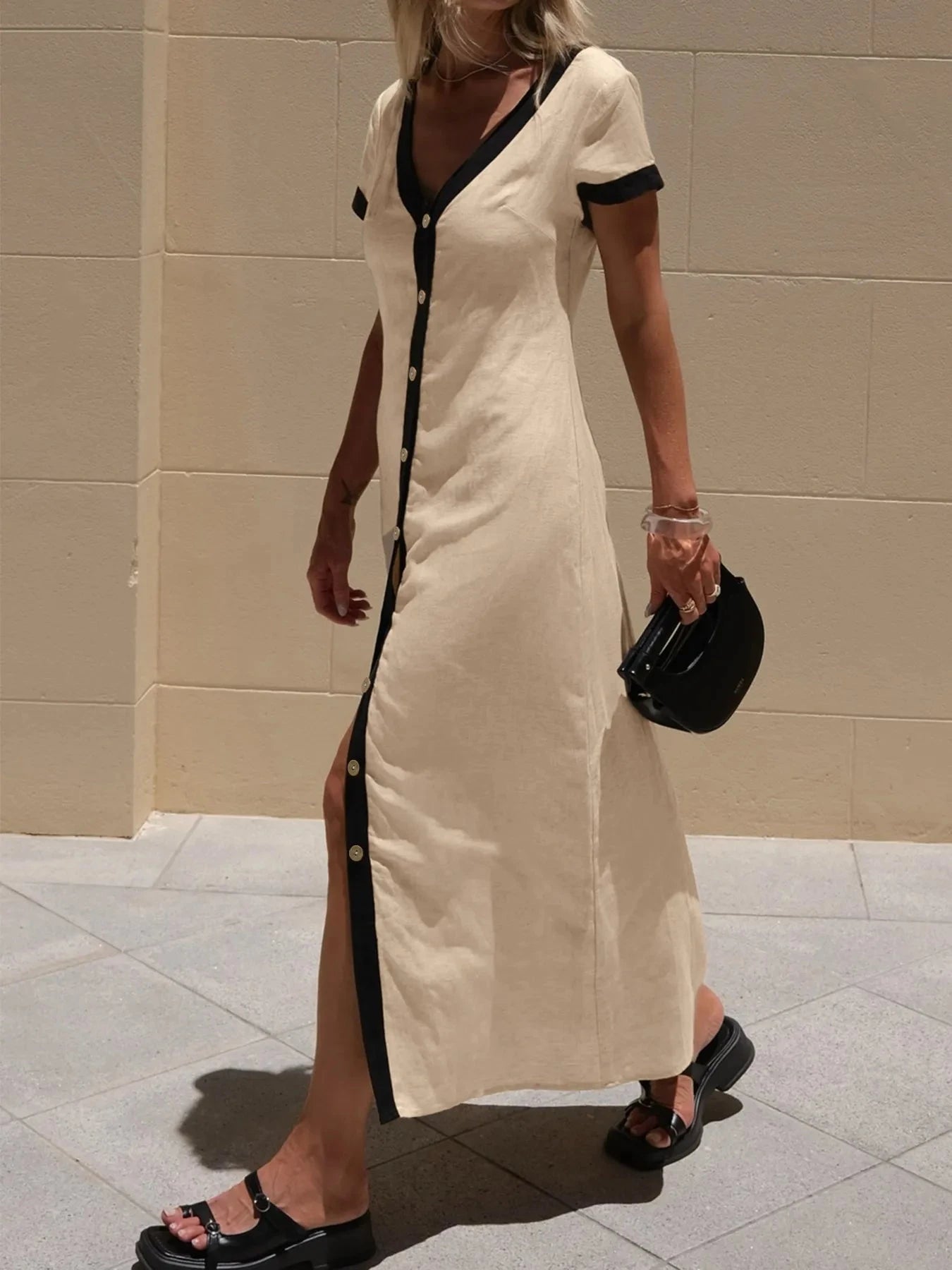 Button-Front Contrast Trim Midi Dress