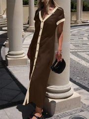 Button-Front Contrast Trim Midi Dress