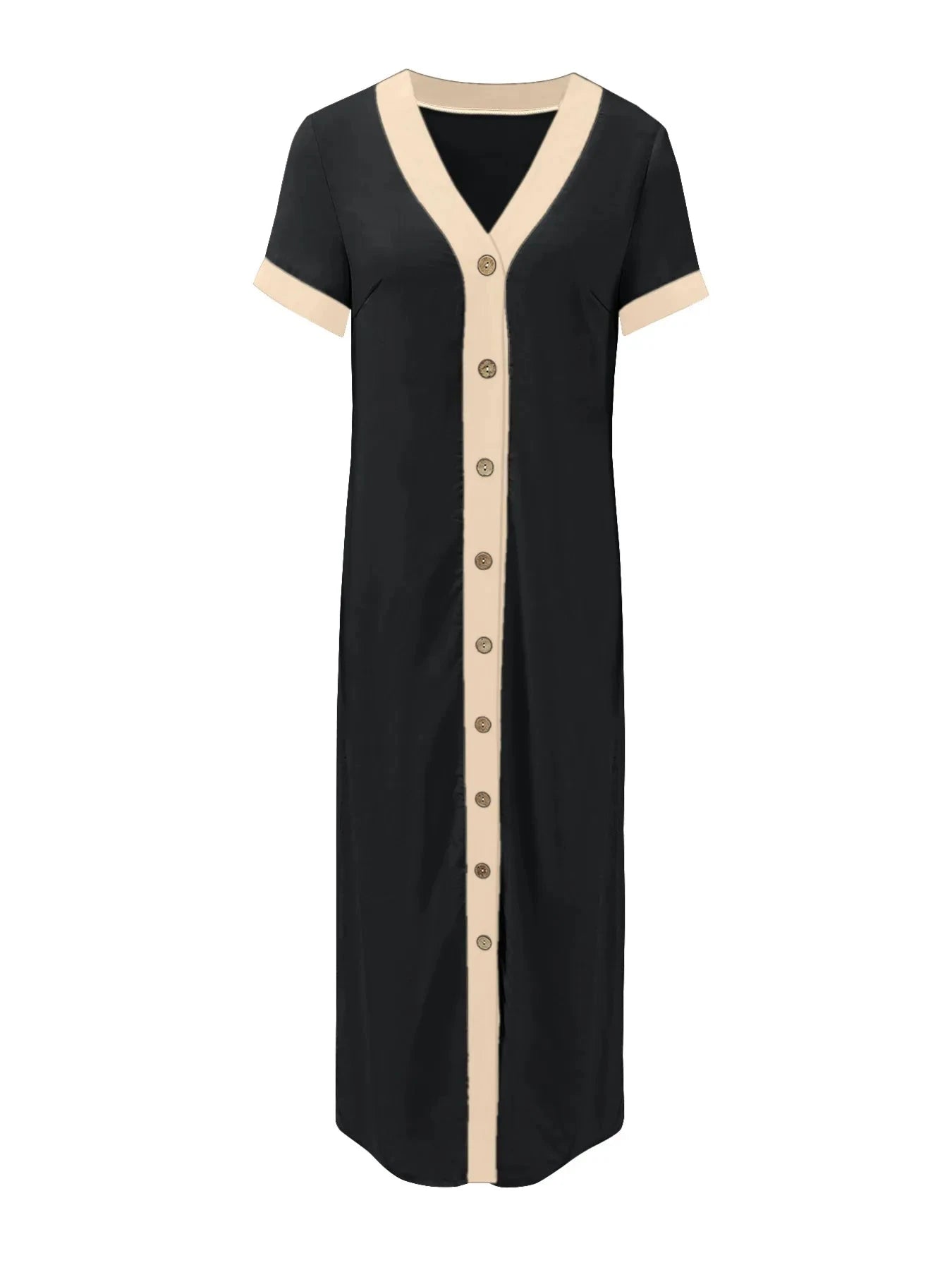 Button-Front Contrast Trim Midi Dress