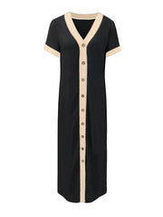 Button-Front Contrast Trim Midi Dress