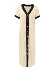 Button-Front Contrast Trim Midi Dress