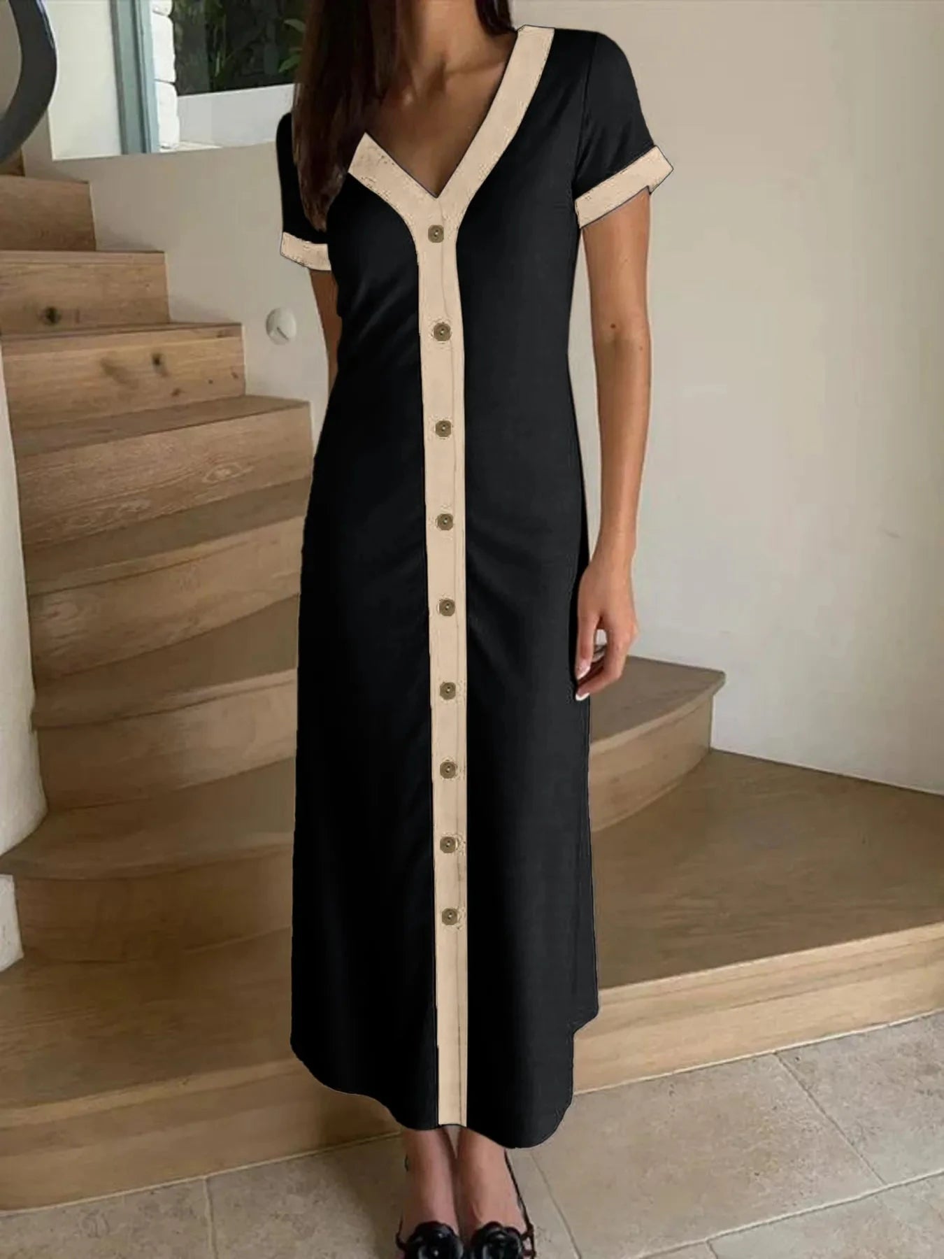 Button-Front Contrast Trim Midi Dress Coffee Brown / S