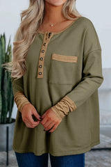 Button Front Contrast Trim Top Moss / S