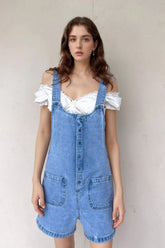 Button Front Denim Overall Shorts with Front Pockets Sky Blue / S