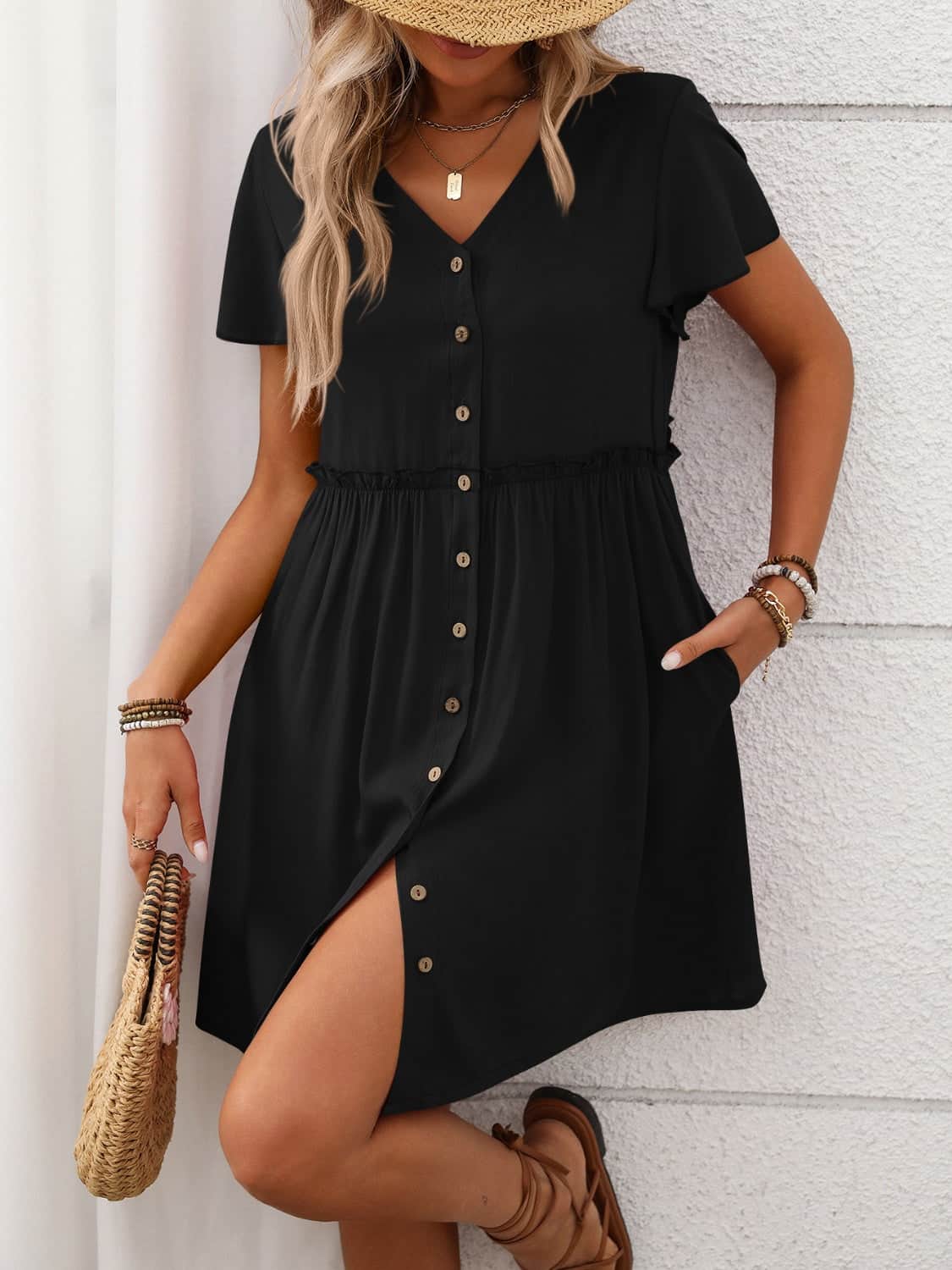 Button Front Flutter Sleeve Dress