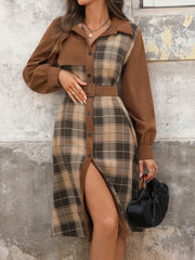 Button Front Plaid Long Sleeve Dress
