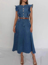Button-Front Ruffle Sleeve Denim Midi Dress Blue / XS