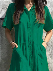 Button Front Short Sleeve Midi Dress